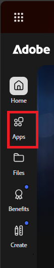 Adobe Creative Cloud interface with Apps section highlighted in the left pane.