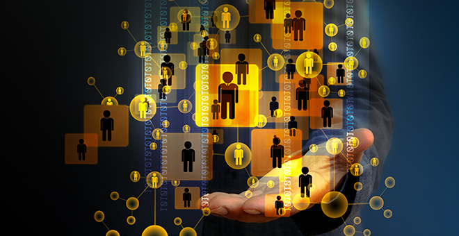 Upturned hand with floating person icons