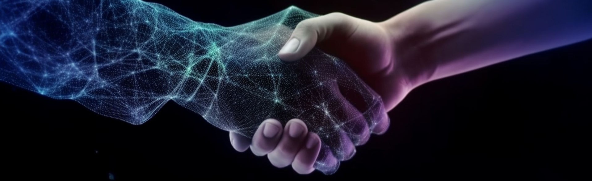 A handshake between a digitally-represented hand on the left and a human hand on the right with a black background.